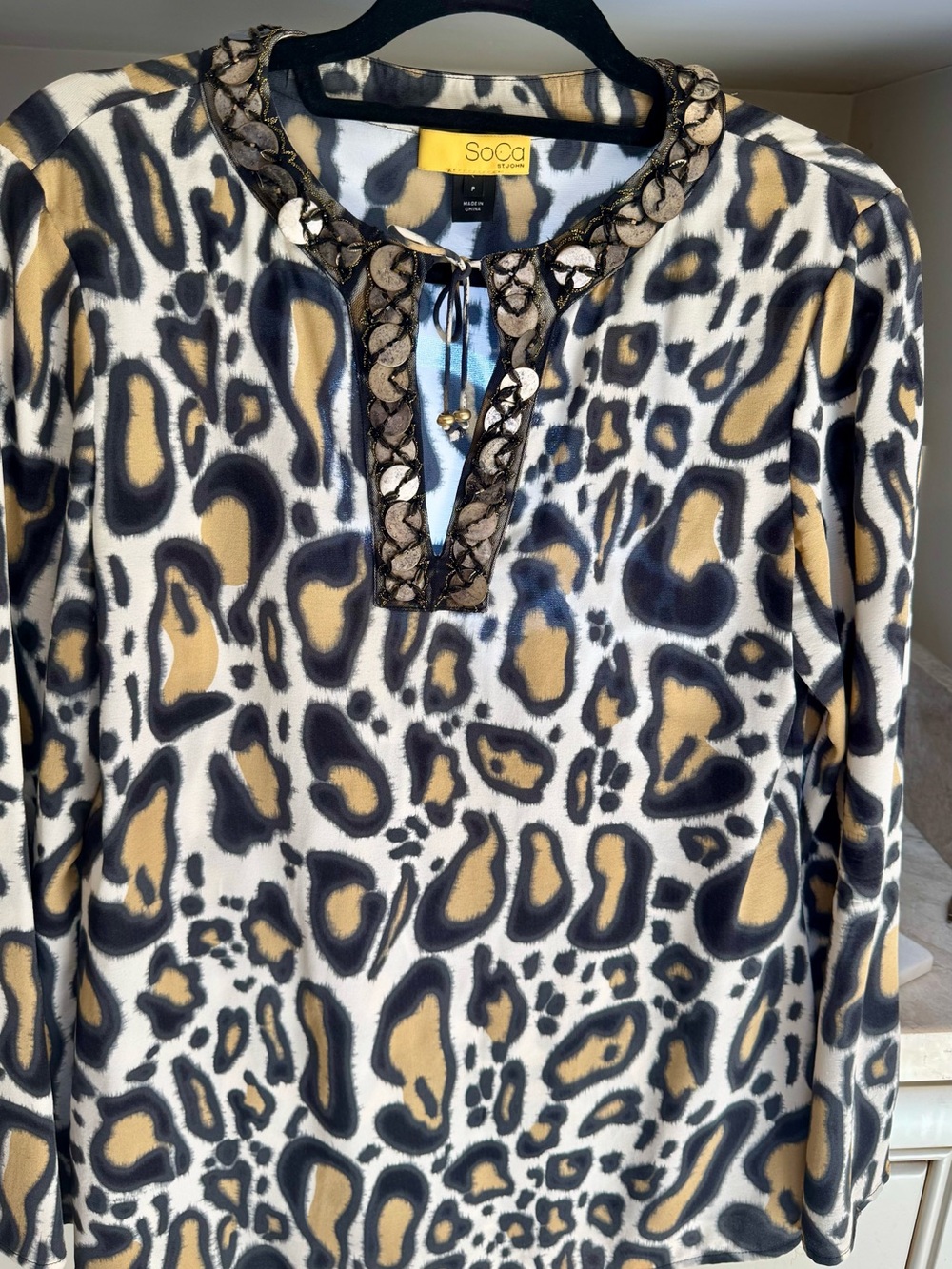 St. John SoCa Leopard Print Beaded Tunic - Black, Gold, Cream